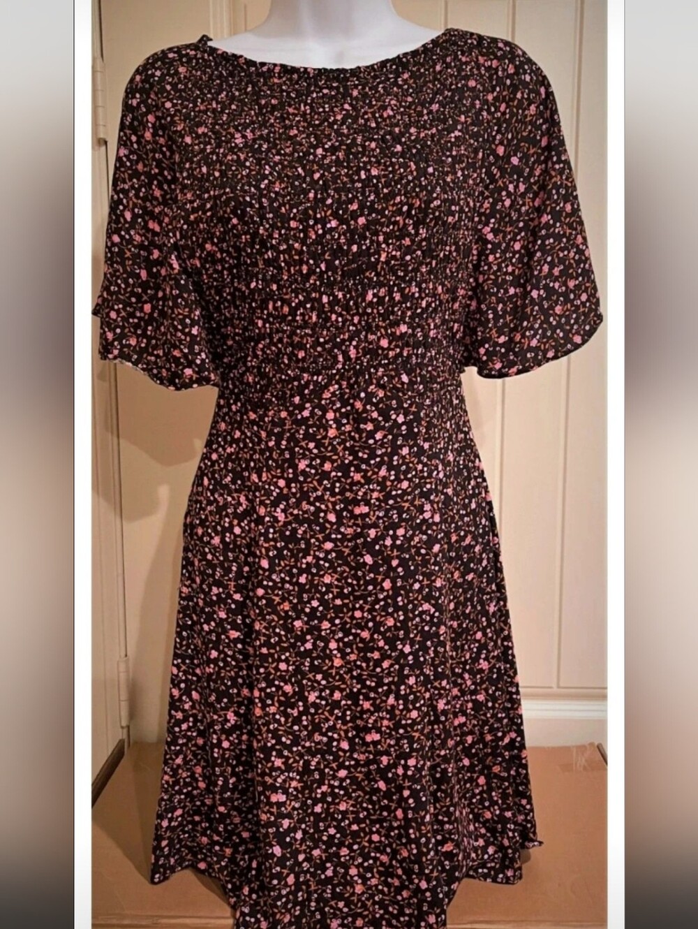 Free People Womens Black Floral Pink Print Smocked Waist Dress